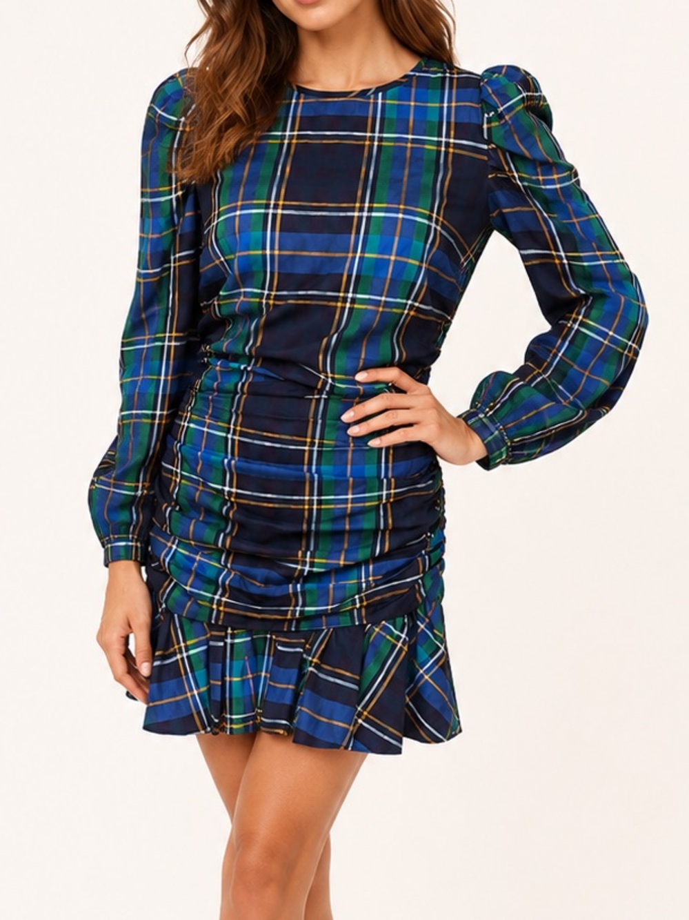 Tanya Taylor Raven Plaid Ruched Puff Sleeve Dress Size 6 NWT
